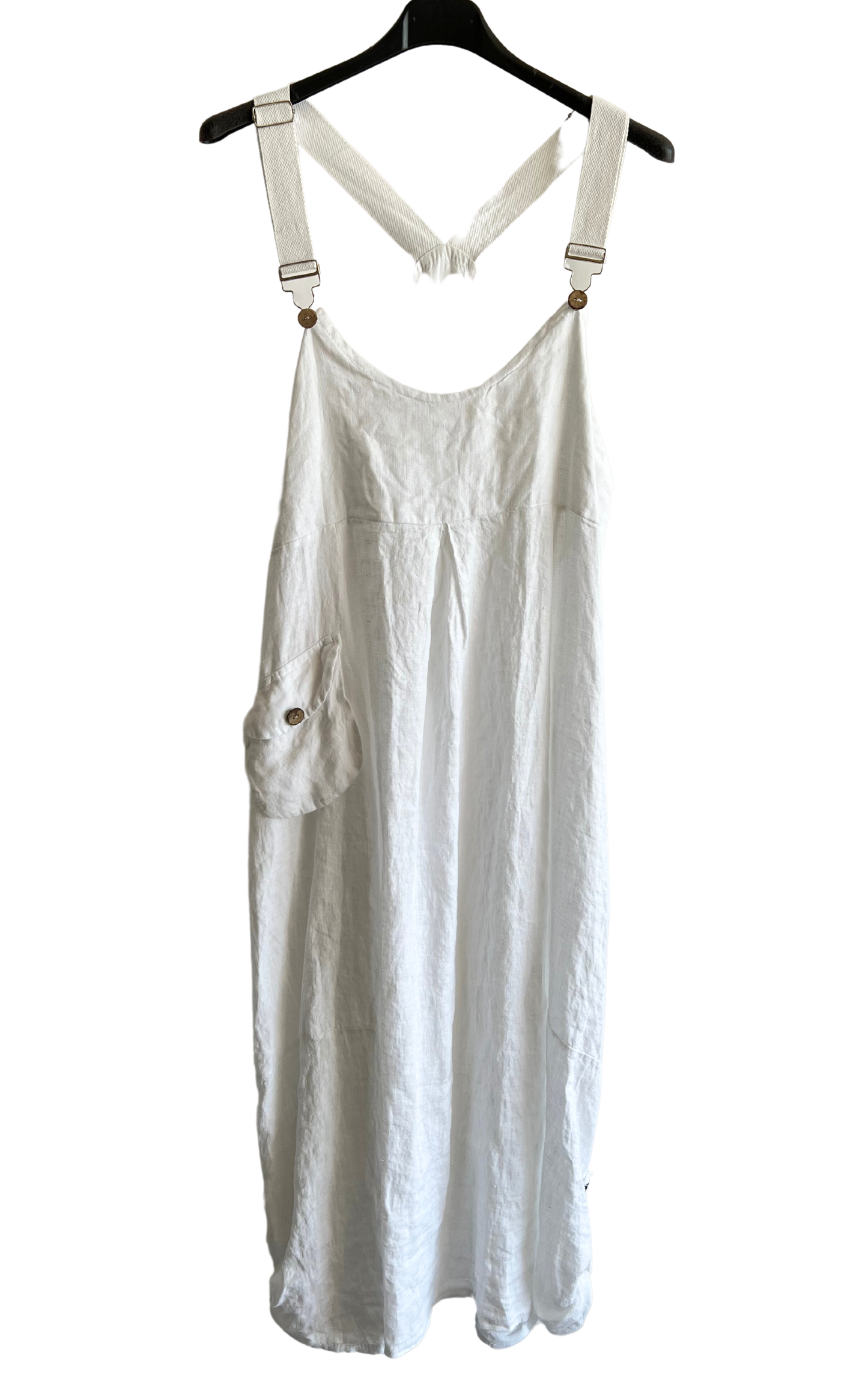 Ladies Casual Italian Summer Linen Dungaree Style Dresses with Button Detailed Hem