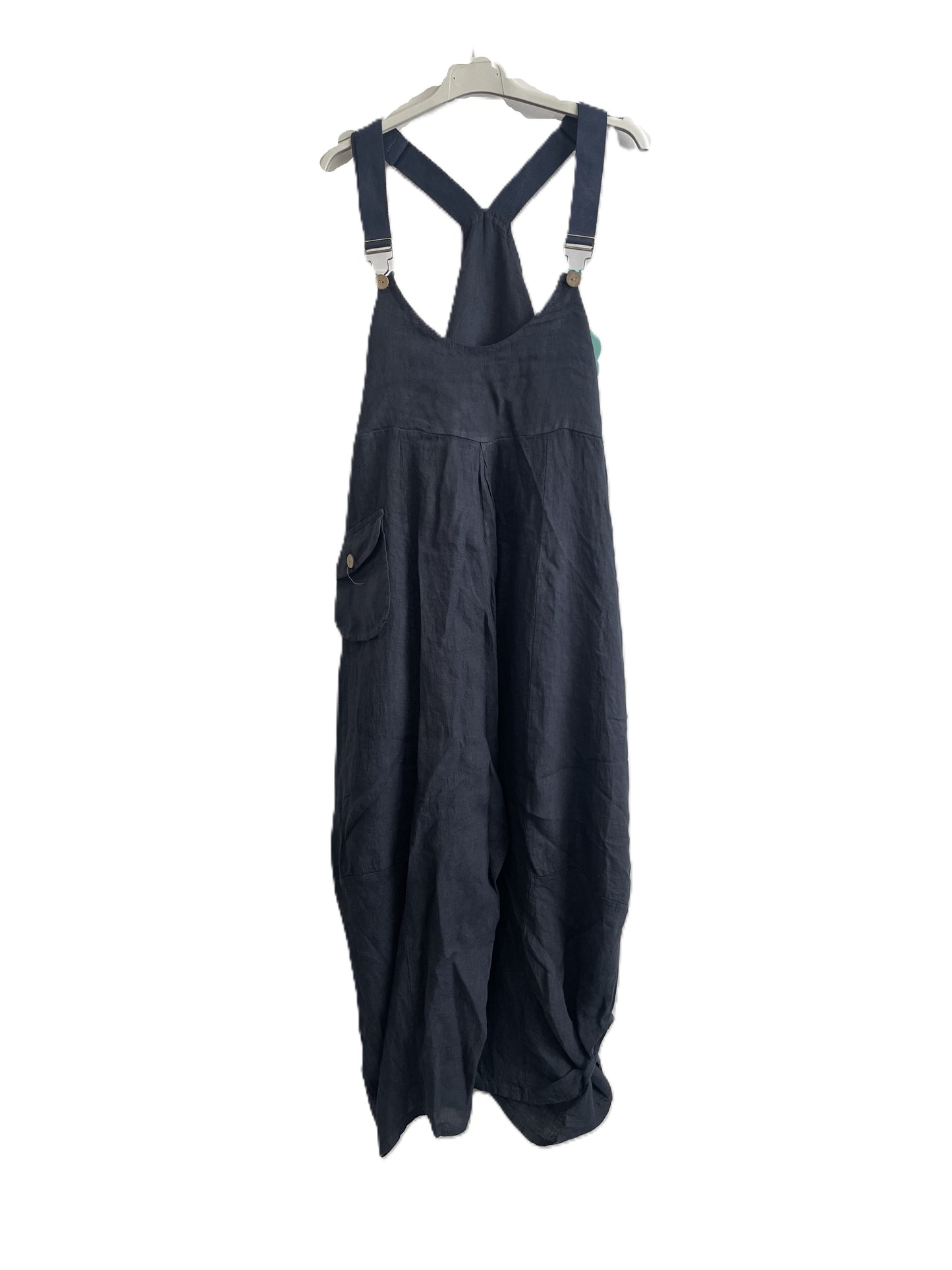 Brand New Ladies Summer Italian Casual Linen Dungarees with Button Detail on Hem in Navy