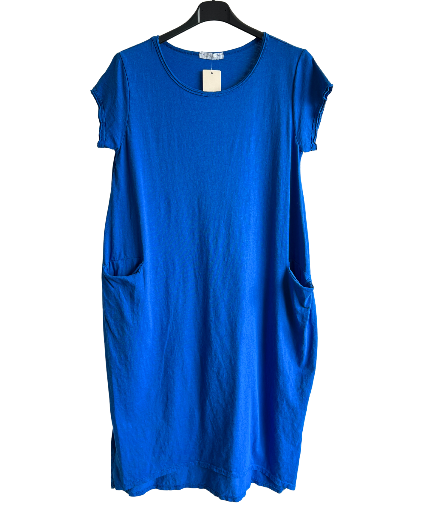 Quirky Soft Cotton Stretch 2 Pocket Long Tunic Dress In Royal Blue