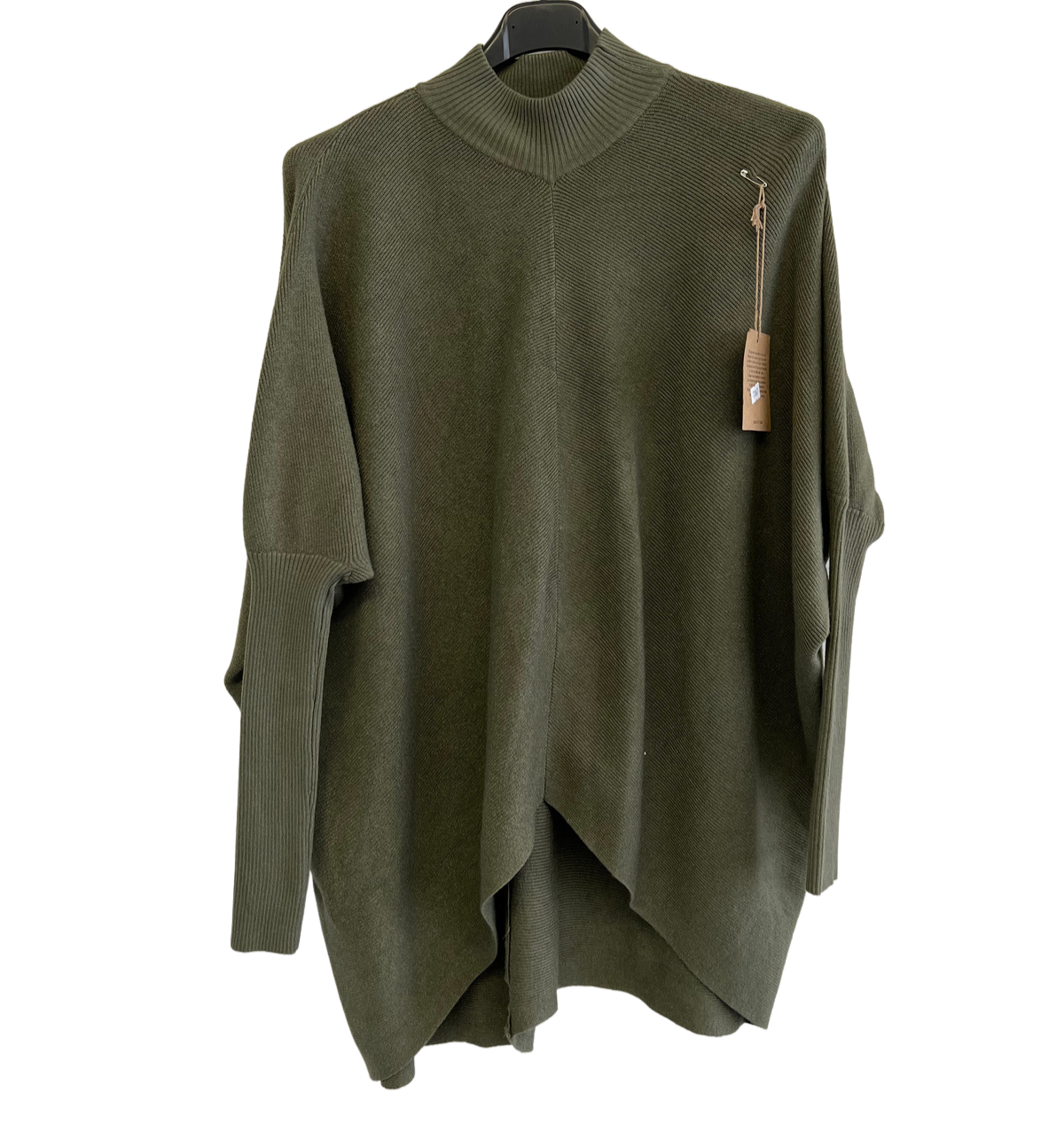 Batwing High Low Hem High Neck Jumper In Khaki