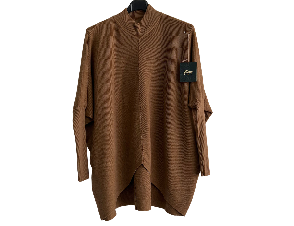 Batwing High Low Hem High Neck Jumper In Camel
