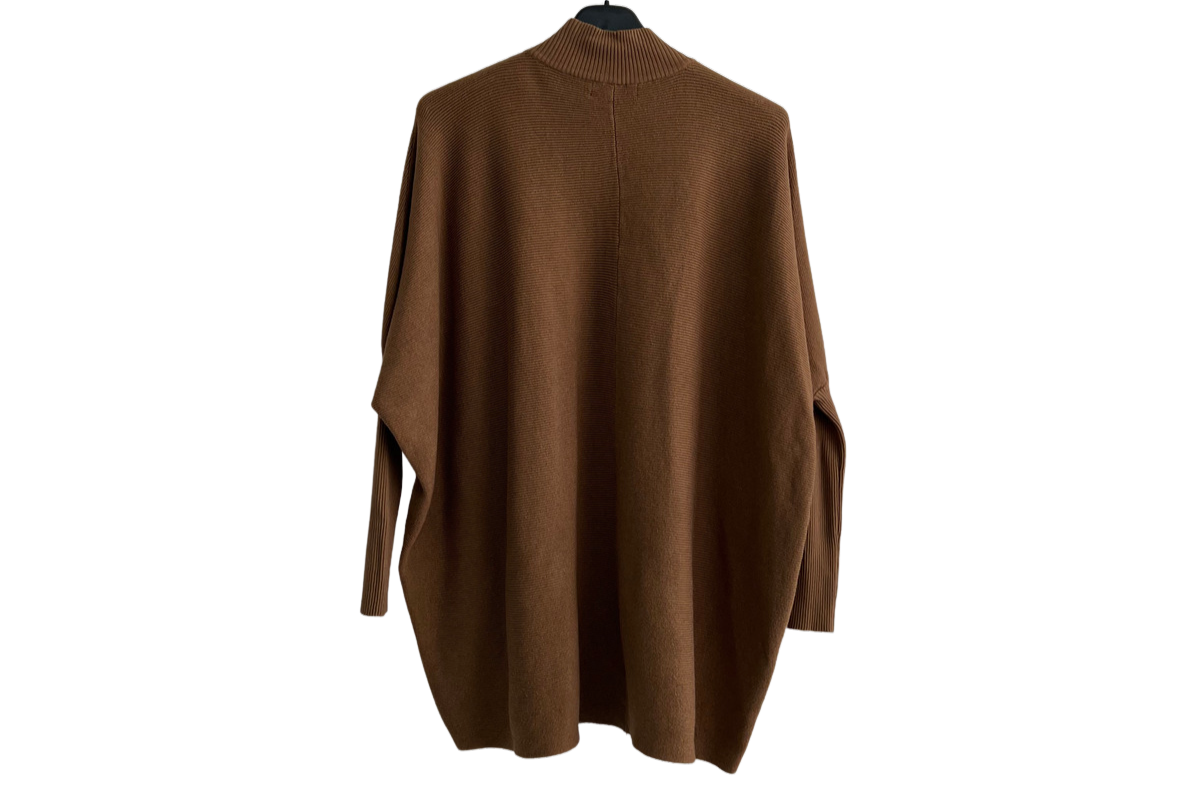 Batwing High Low Hem High Neck Jumper In Camel