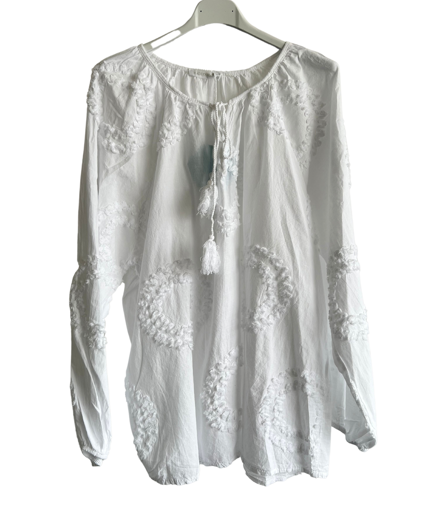 Summer Tassel Tie Cotton Circle Pattern Top In White