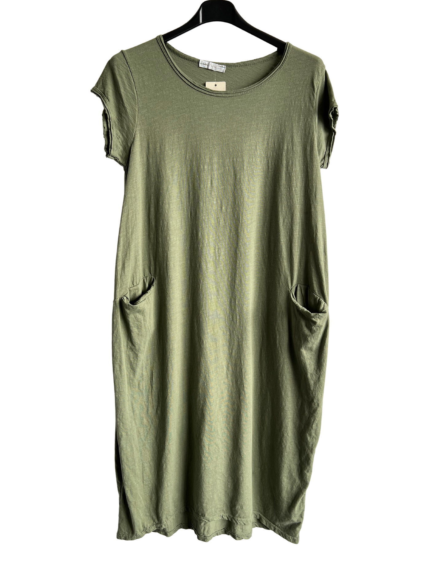 Quirky Soft Cotton Stretch 2 Pocket Long Tunic Dress In Khaki