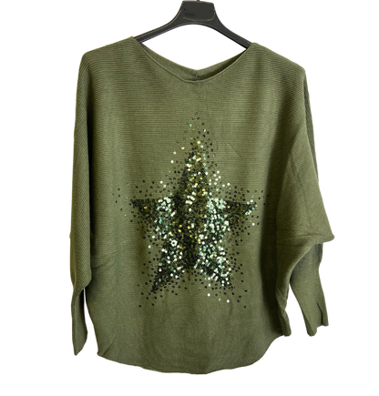 Sequin Star Batwing Sleeve Fine Knit Jumper in Khaki