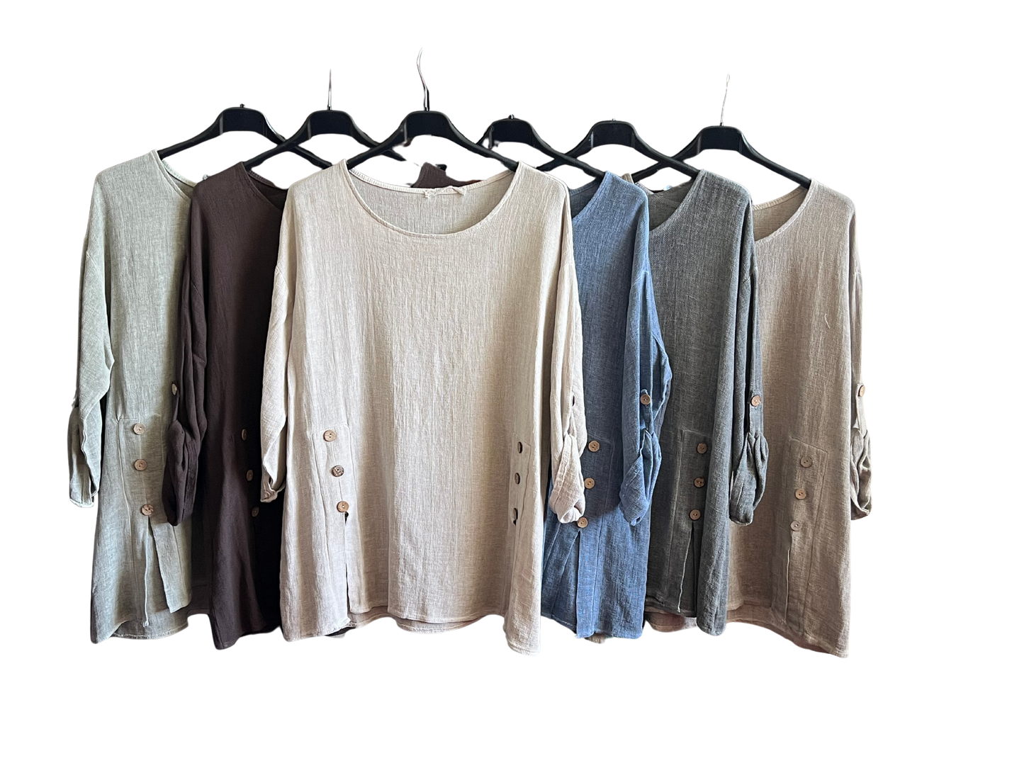 Summer 26' Textured Washed Linen Blend Tunic with Side Slits and Button Detail
