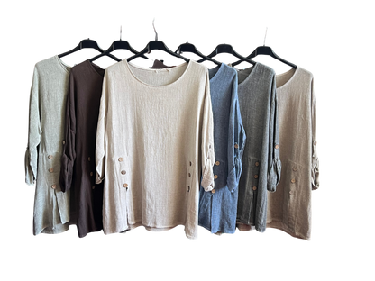 Summer 26' Textured Washed Linen Blend Tunic with Side Slits and Button Detail