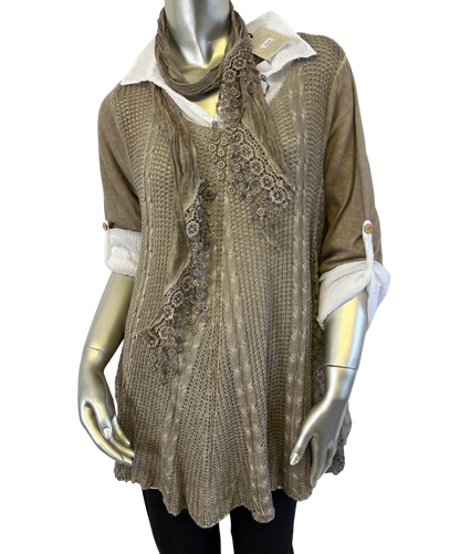 3 Piece Cotton Shirt with Knitted Overtop Tunic and Scarf in Mocha