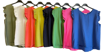 Button Back Summer Frill Cap Sleeve Plain Vest Tops