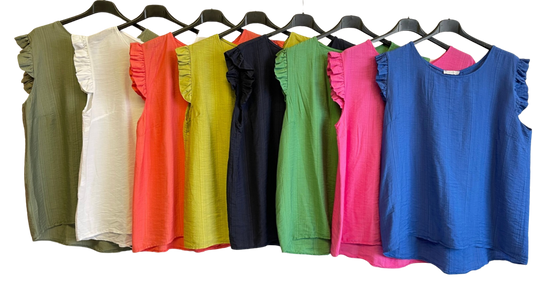 Button Back Summer Frill Cap Sleeve Plain Vest Tops