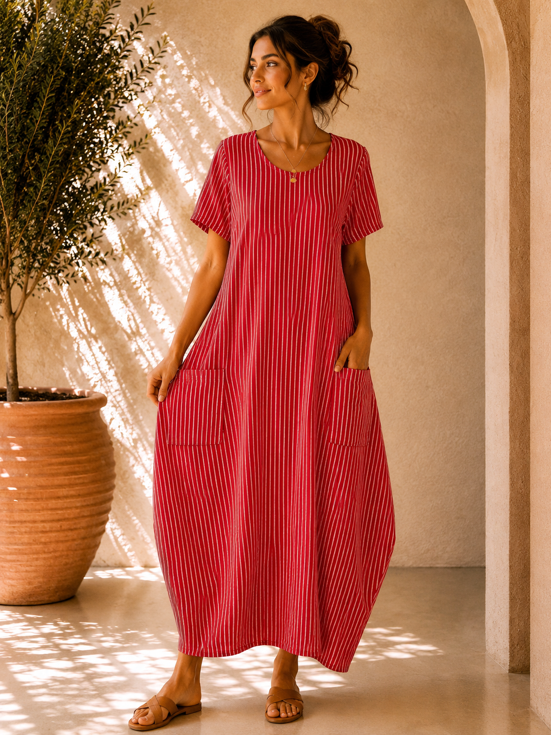 Lagenlook Stripe Cotton Summer Long Dress In Red