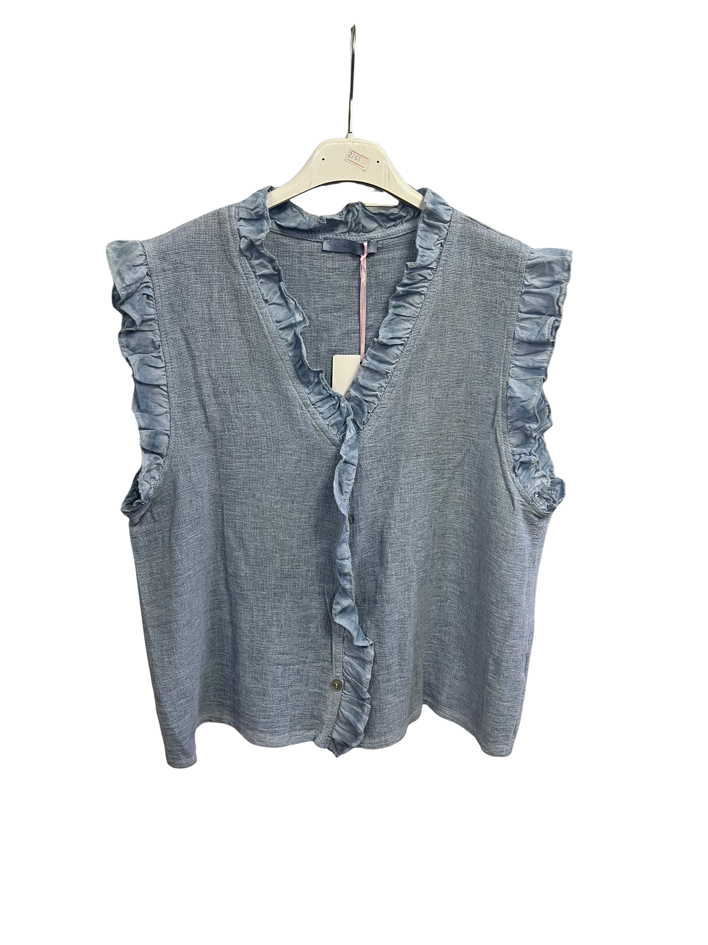 Womens Italian Linen Mix Textured Sleeveless Button Through Top with Frill Trim