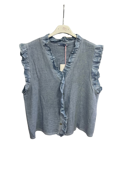 Womens Italian Linen Mix Textured Sleeveless Button Through Top with Frill Trim