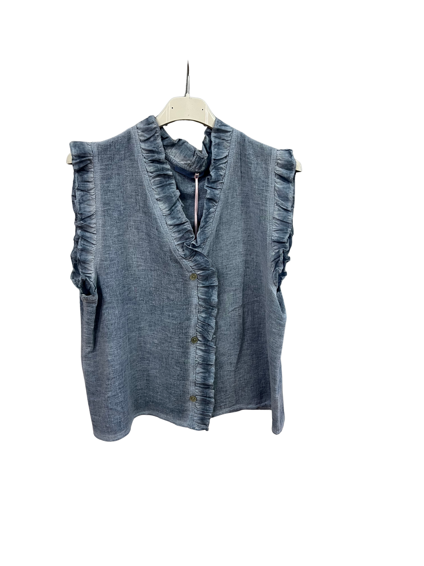 Womens Italian Linen Mix Textured Sleeveless Button Through Top with Frill Trim