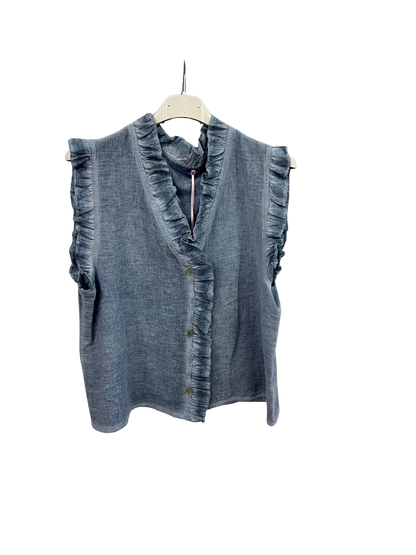 Womens Italian Linen Mix Textured Sleeveless Button Through Top with Frill Trim