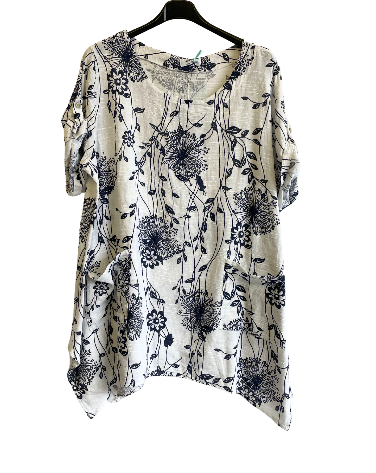 New Womens Italian Two Pocket Floral- Print Linen Mix Tunic Top With Long Sides