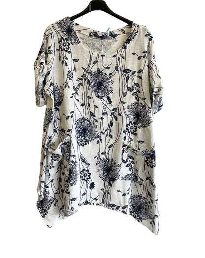 New Womens Italian Two Pocket Floral- Print Linen Mix Tunic Top With Long Sides