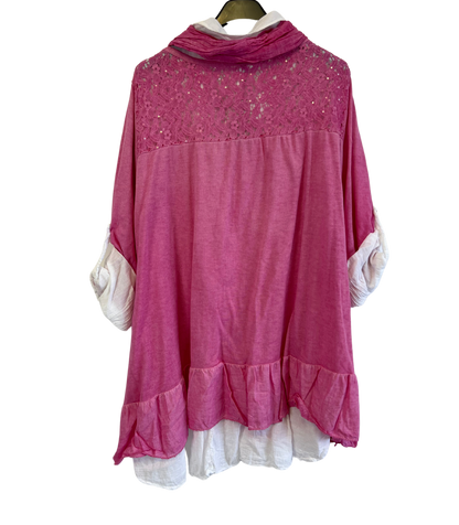 3 Piece Cotton Shirt with Knitted Overtop Tunic and Scarf in Fuchsia