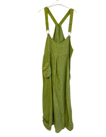 Ladies Casual Italian Summer Linen Dungaree Style Dresses with Button Detailed Hem