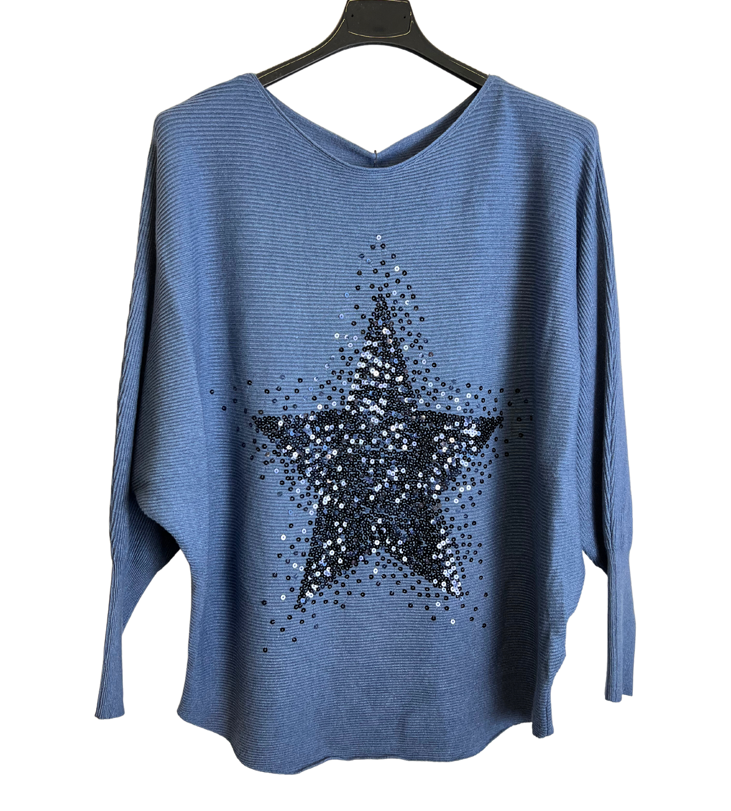 Sequin Star Batwing Sleeve Fine Knit Jumper in Denim Blue