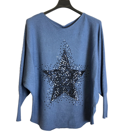 Sequin Star Batwing Sleeve Fine Knit Jumper in Denim Blue
