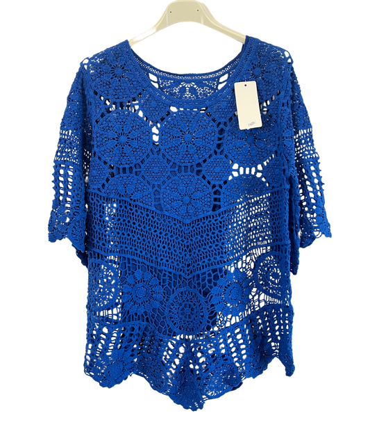 2 Piece Set Crochet Quirky Casual Tunic Top with Matching Vest in Royal Blue