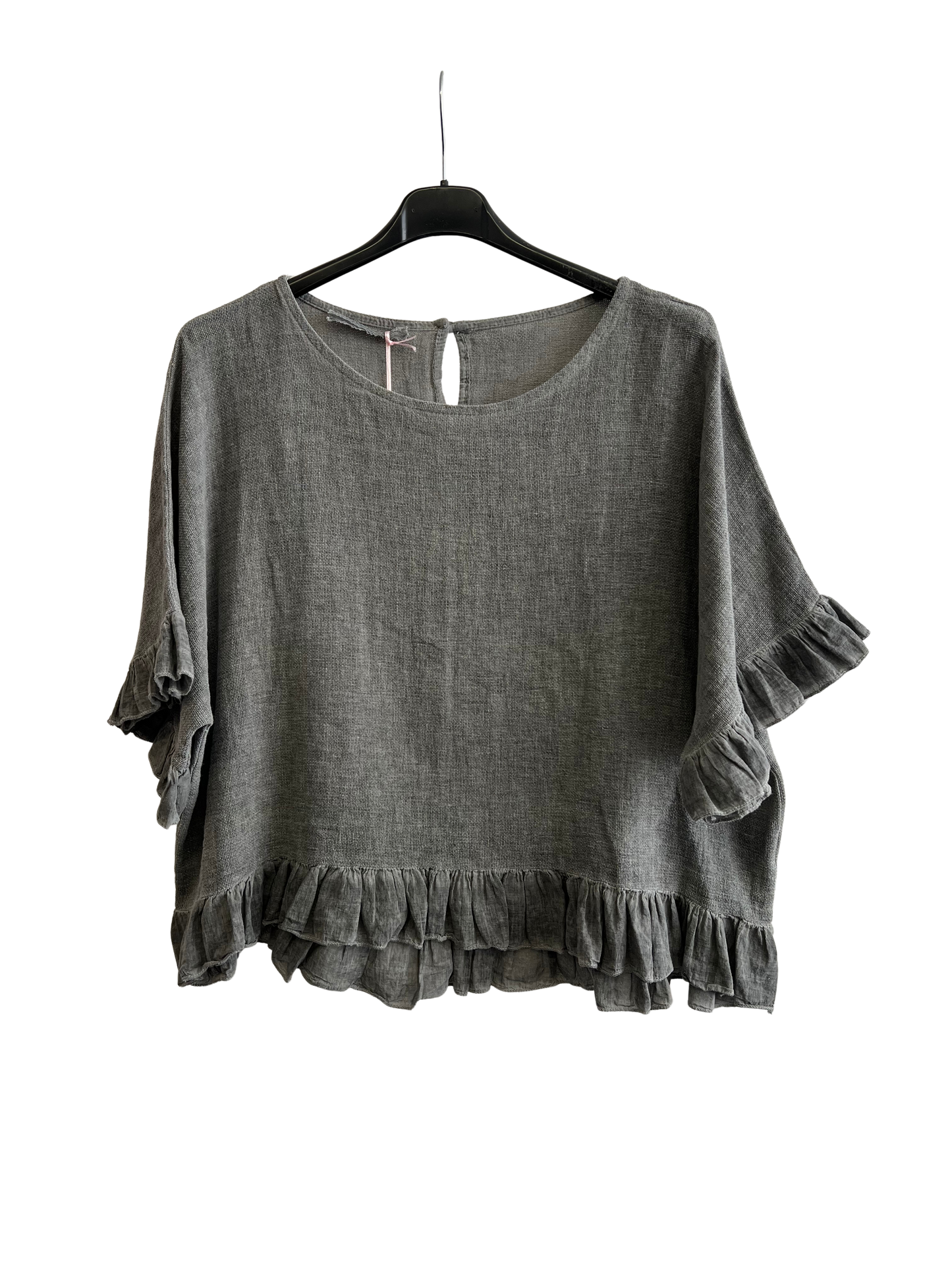 New Ladies Summer 26' Italian Linen Blend Tops with Frilled Trim Sleeves and Hem