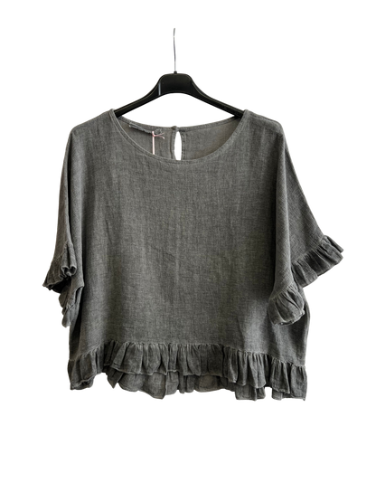 New Ladies Summer 26' Italian Linen Blend Tops with Frilled Trim Sleeves and Hem