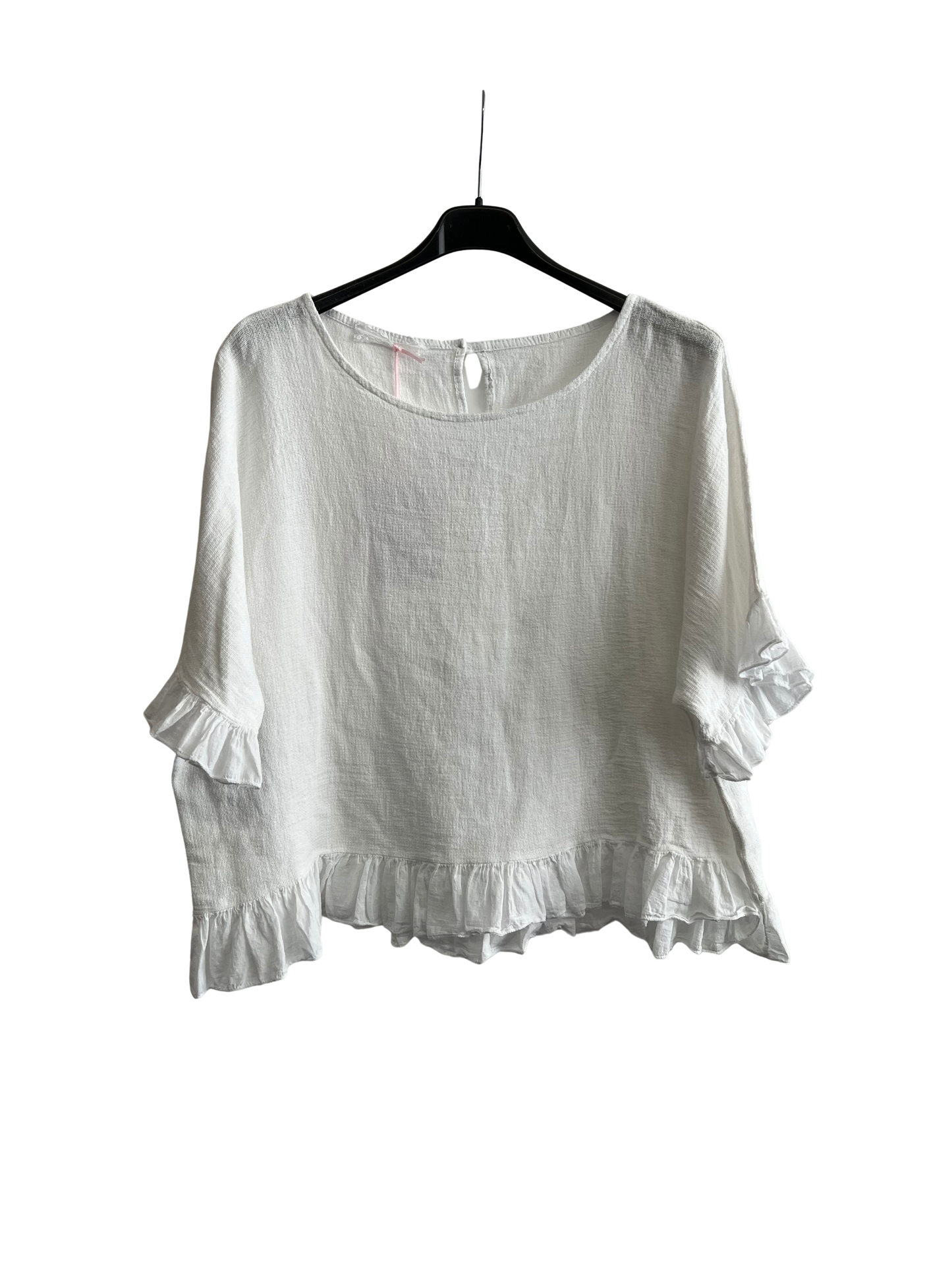 New Ladies Summer 26' Italian Linen Blend Tops with Frilled Trim Sleeves and Hem