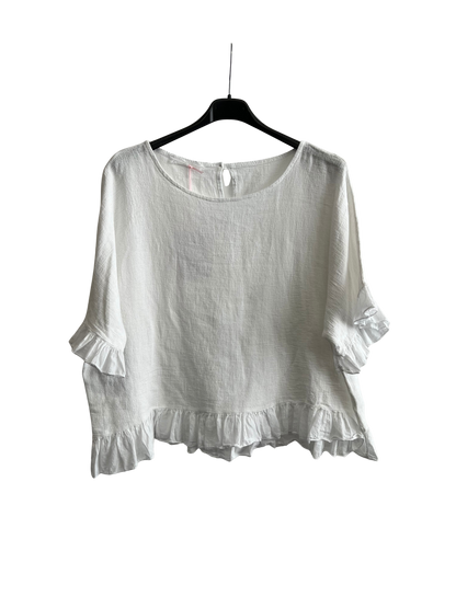 New Ladies Summer 26' Italian Linen Blend Tops with Frilled Trim Sleeves and Hem