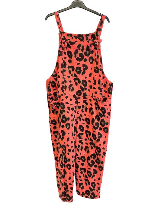 2 Pocket Animal Leopard Print Summer Dungarees In Coral