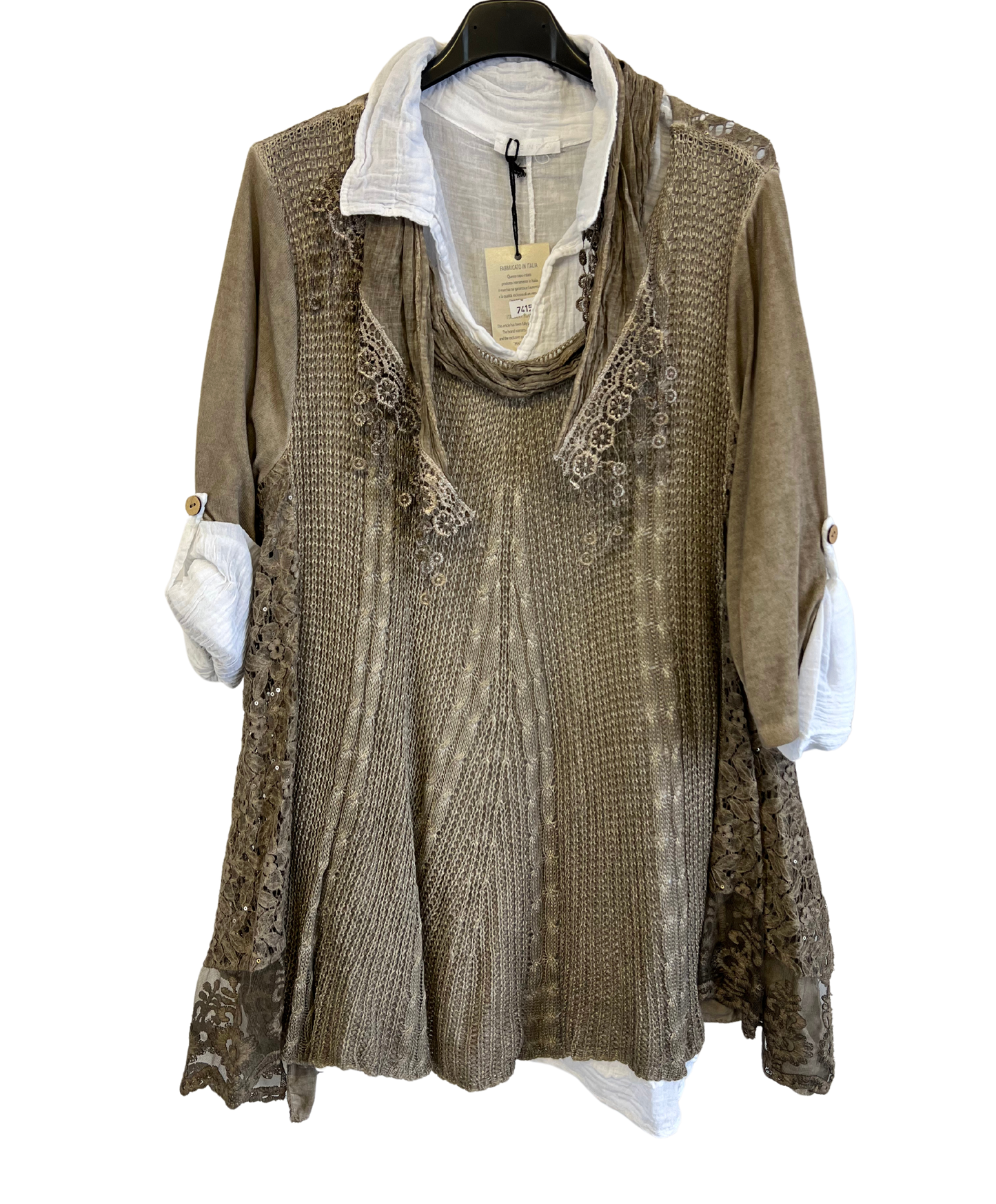 3 Piece Cotton Shirt with Knitted Overtop Tunic and Scarf in Mocha