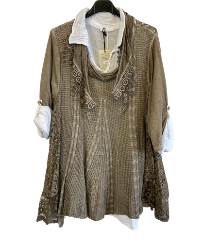 3 Piece Cotton Shirt with Knitted Overtop Tunic and Scarf in Mocha