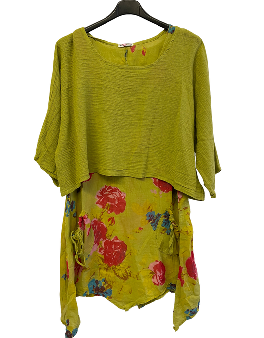 2 Piece Floral Dress Asymmetric Hem with Plain Top in Lime Green