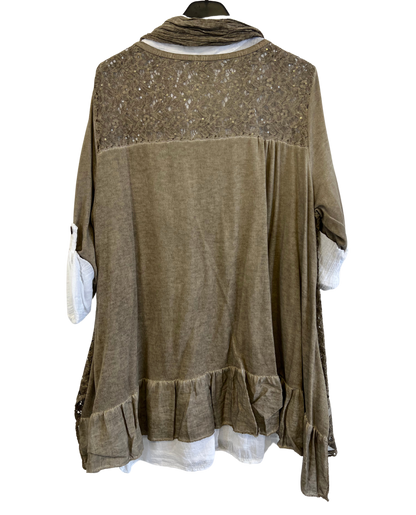 3 Piece Cotton Shirt with Knitted Overtop Tunic and Scarf in Mocha