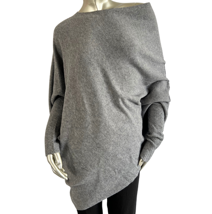Asymmetric Draped Slouch Neck Soft Jumper with Long Fitted Sleeves in Grey