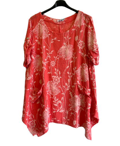 New Womens Italian Two Pocket Floral- Print Linen Mix Tunic Top With Long Sides