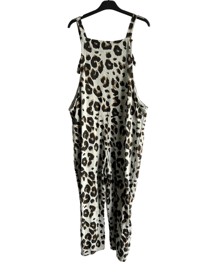2 Pocket Animal Leopard Print Summer Dungarees In Grey
