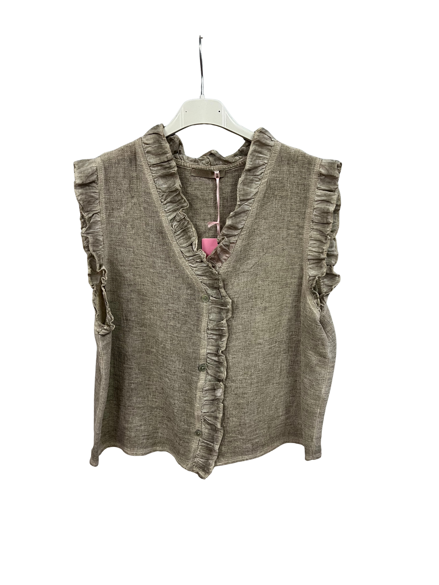 Womens Italian Linen Mix Textured Sleeveless Button Through Top with Frill Trim