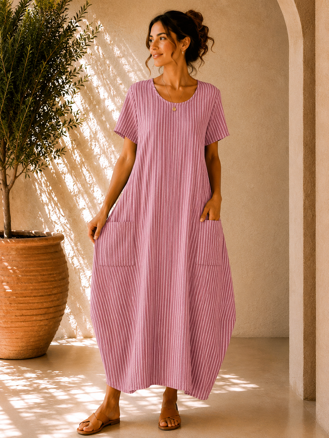 Lagenlook Stripe Cotton Summer Long Dress In Rose Pink