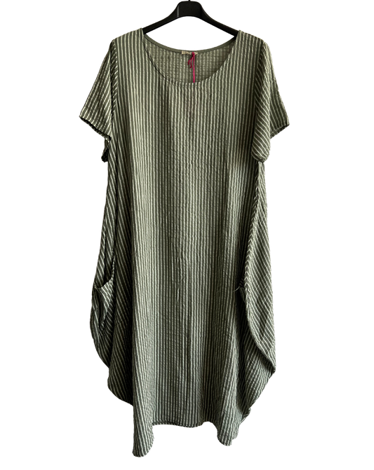 Lagenlook Stripe Cotton Summer Long Dress In Khaki