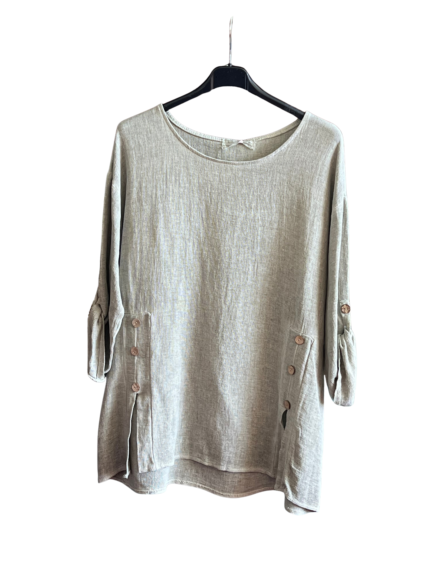 Summer 26' Textured Washed Linen Blend Tunic with Side Slits and Button Detail