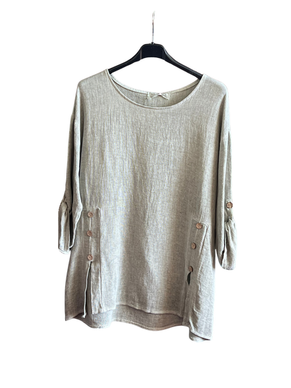 Summer 26' Textured Washed Linen Blend Tunic with Side Slits and Button Detail