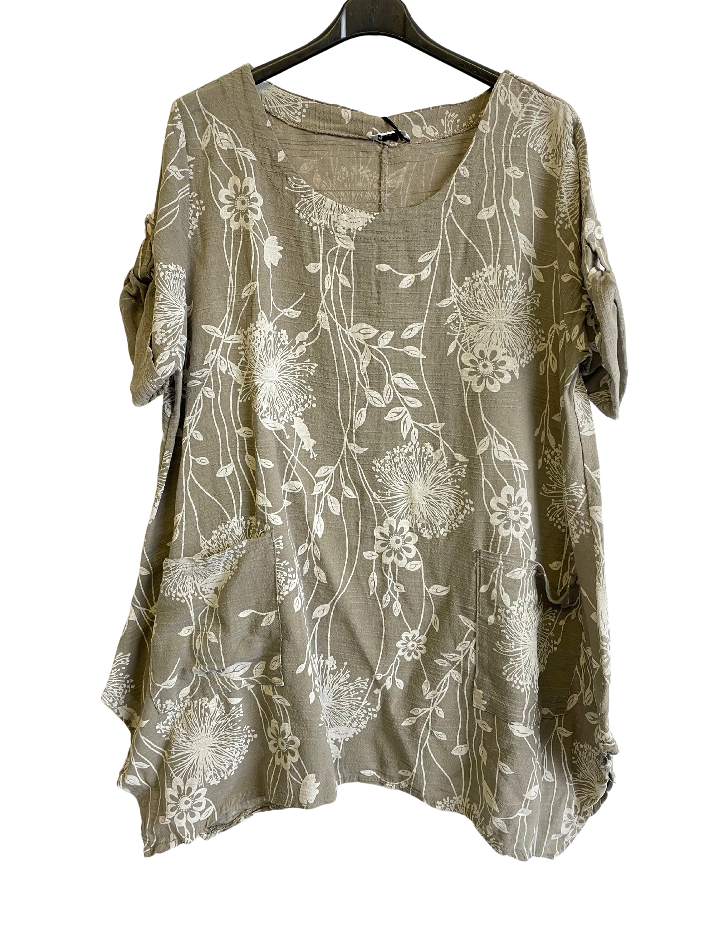 New Womens Italian Two Pocket Floral- Print Linen Mix Tunic Top With Long Sides