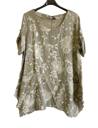 New Womens Italian Two Pocket Floral- Print Linen Mix Tunic Top With Long Sides