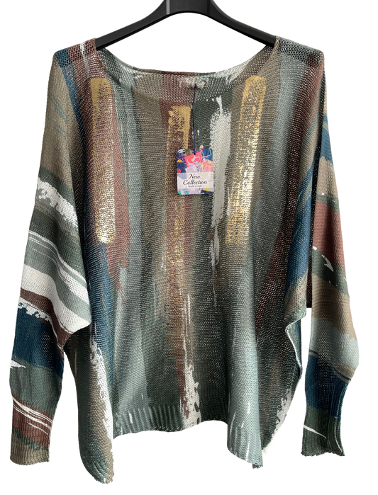 Foil Paint Splash Design Fine Knit Batwing Autumn Jumper in Khaki