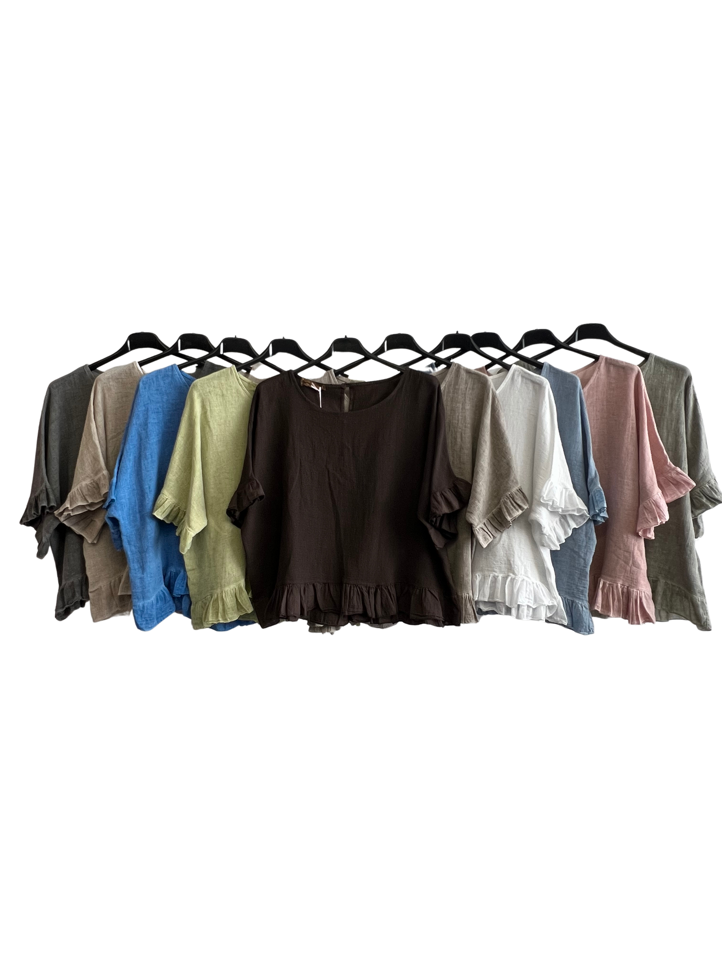 New Ladies Summer 26' Italian Linen Blend Tops with Frilled Trim Sleeves and Hem