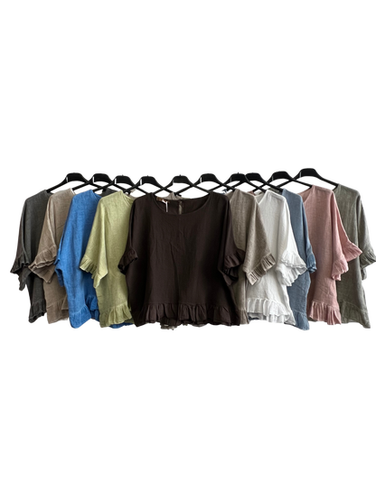 New Ladies Summer 26' Italian Linen Blend Tops with Frilled Trim Sleeves and Hem