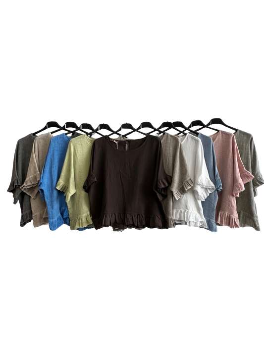 New Ladies Summer 26' Italian Linen Blend Tops with Frilled Trim Sleeves and Hem