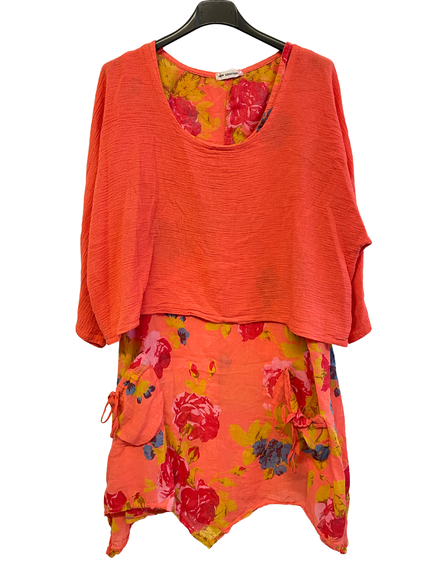 Brand New Womens Lagenlook 2 Piece Floral Dress Asymmetric Hem with Plain Top